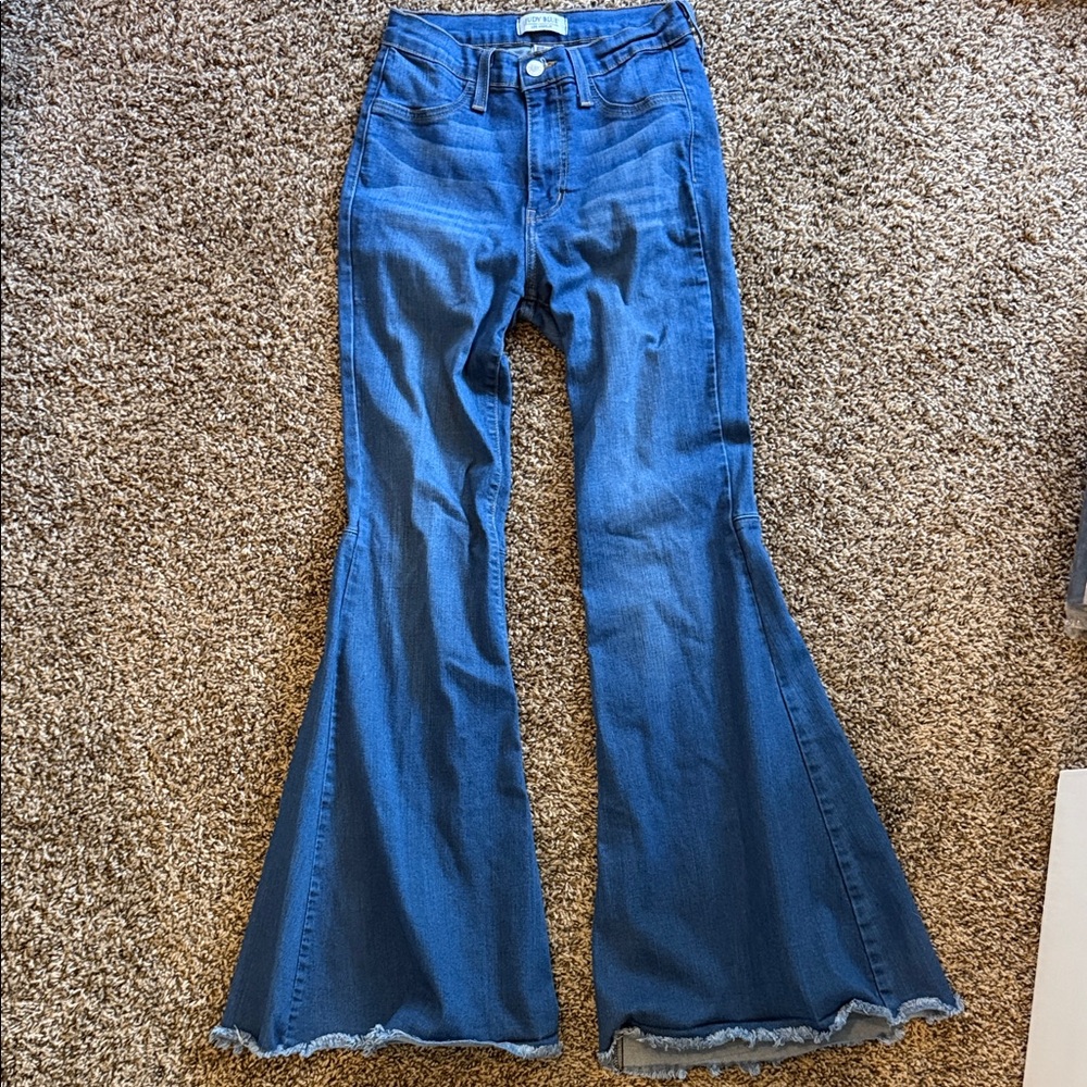 Judy Blue Medium Blue High-Rise Flare Jeans with Frayed Hem
